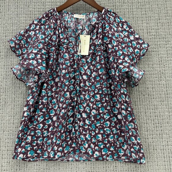 Ramy Brook Blouse Womens Small Wine Blue Pullover Sidney Printed Flutter Sleeve - Picture 1 of 11